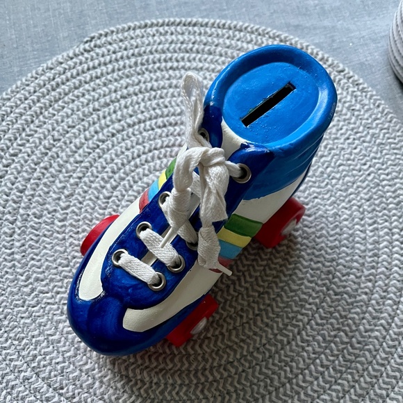Vintage 1980s Ceramic Roller Skate Bank with Rainbow Stripes and Real Shoelace - Picture 6 of 8